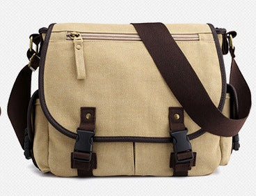 Khaki canvas messenger bag, front view with flap and twin buckle straps