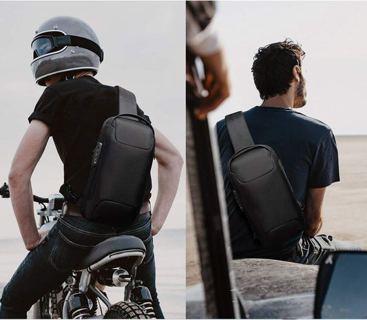 Two lifestyle photos of the black sling bag worn by a man on a motorcycle and seated by the sea