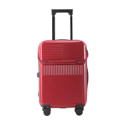 Red hard-shell carry-on, front view with the pull handle extended