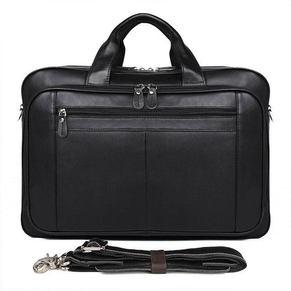 Back of the black leather briefcase with rear slip pocket and detachable shoulder strap