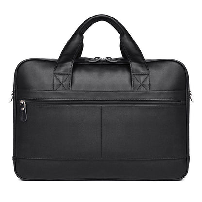 Rear panel of the black leather briefcase with full-width slip pocket