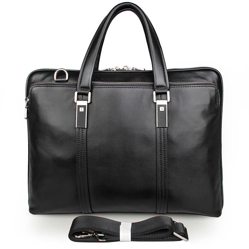 Men's leather business briefcase with rolled top handles