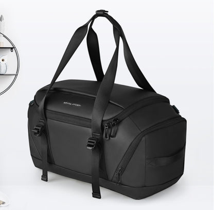 Black convertible travel duffel that carries as a backpack