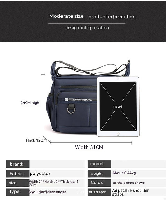 Specification graphic for the messenger bag: 31 cm wide, 24 cm high, 12 cm thick, shown beside a tablet for scale