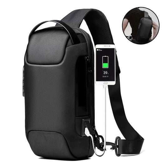 Black anti-theft sling bag charging a phone through its USB port, with an inset of the bag being worn