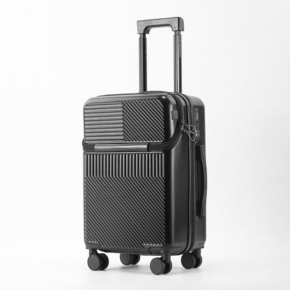 Black hard-shell carry-on at an angle with the pull handle extended
