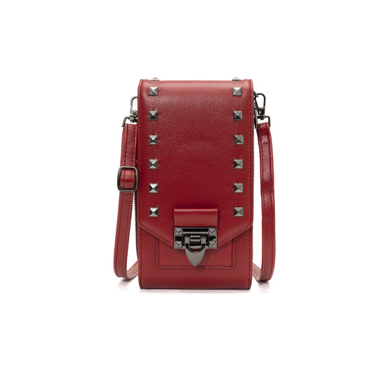Red studded phone crossbody bag with push-lock flap, front view