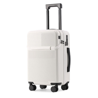 White hard-shell carry-on at an angle with the pull handle extended