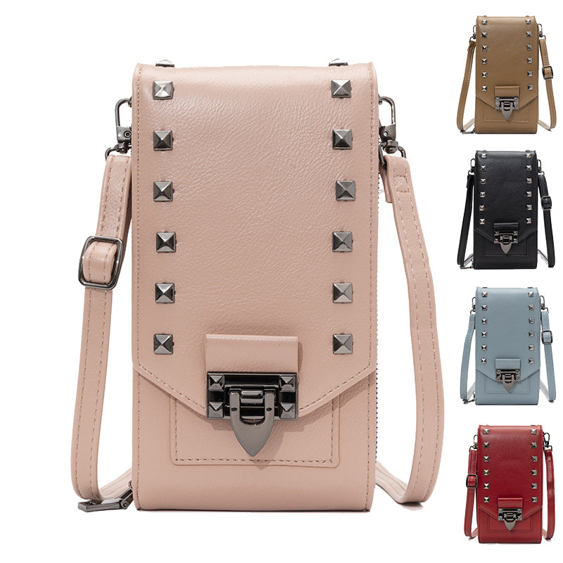 Pink studded phone crossbody bag with push-lock flap