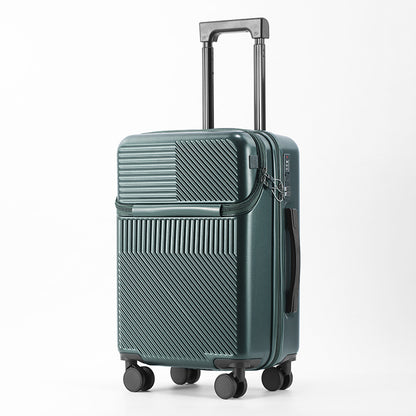 Dark green hard-shell carry-on at an angle with the pull handle extended