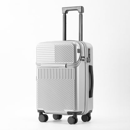 Silver hard-shell carry-on at an angle with the pull handle extended